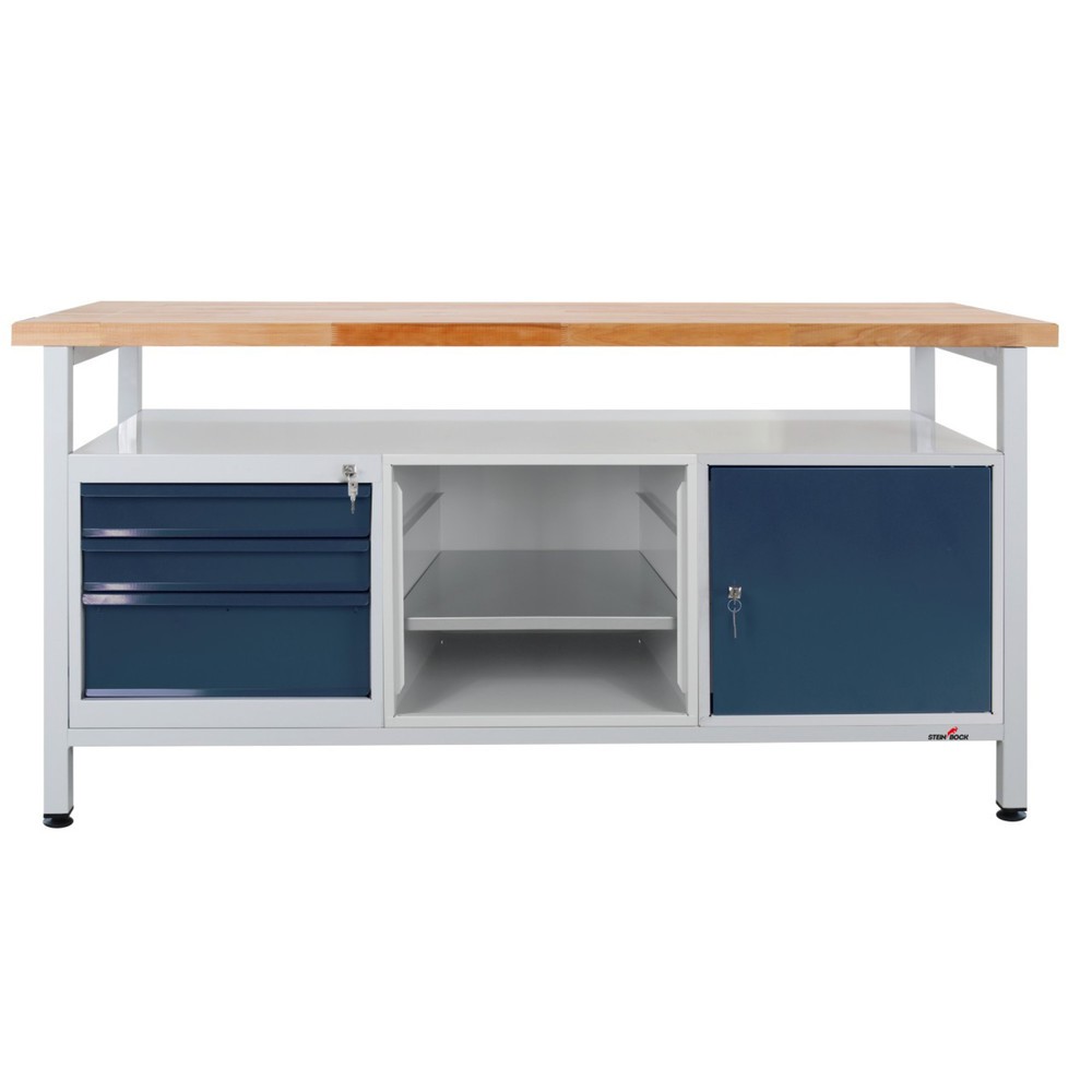 Immagine del prodotto: Banco da lavoro Steinbock® Extra, 1 ripiano, 3 cassetti, 1 scomparto per scaffali, 1 anta, portata 500 kg, AxLxP 840 x 1.700 x 600 mm, RAL 7035/7016