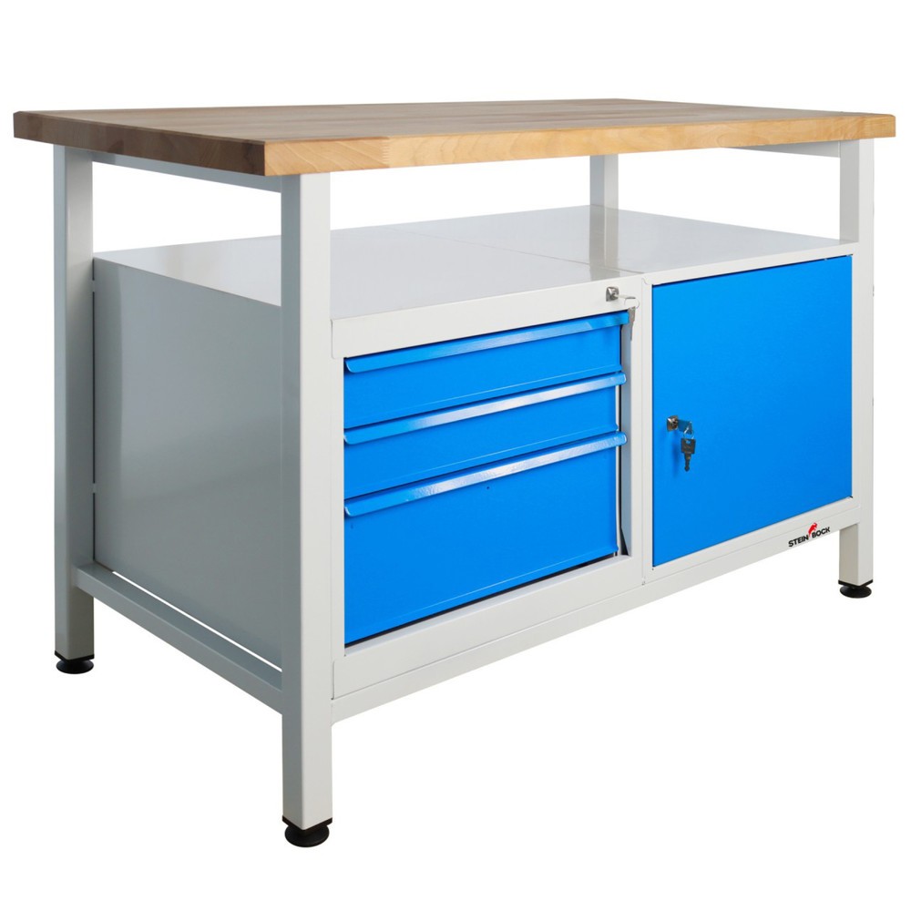 Immagine del prodotto n. 1: Banco da lavoro Steinbock® Premium, 1 ripiano, 3 cassetti, 1 anta, portata 300 kg, AxLxP 840 x 1.200 x 600 mm, RAL 7035/5012