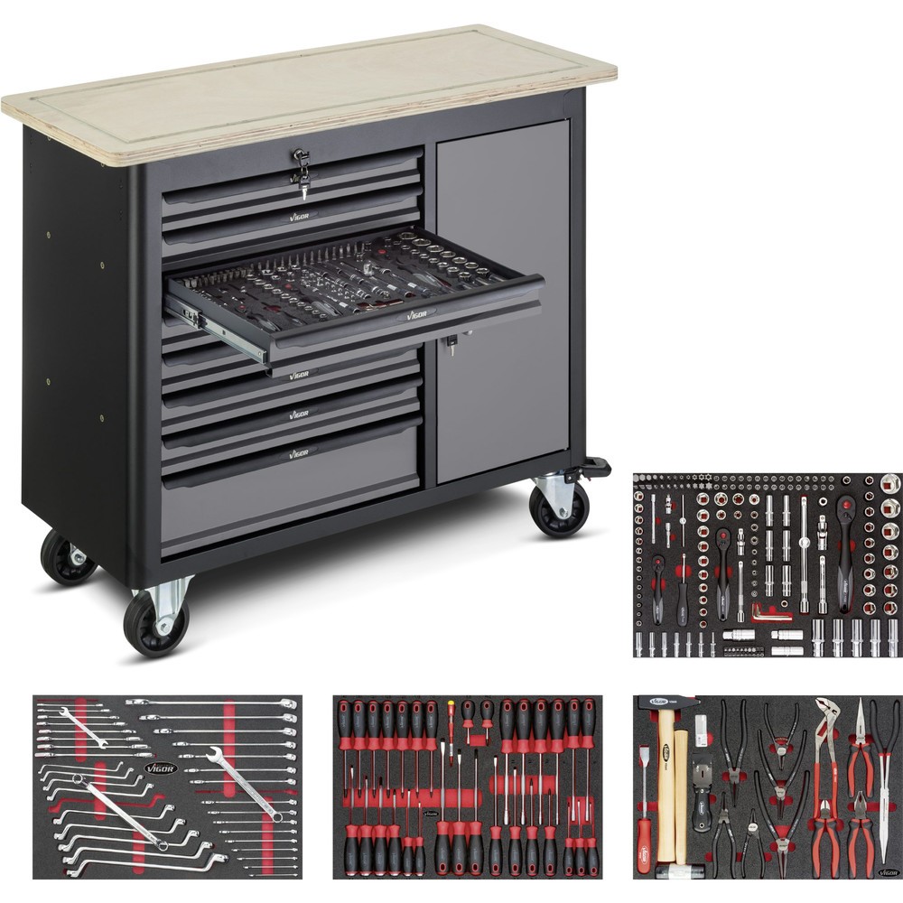 Immagine del prodotto n. 1: Banco da lavoro VIGOR® 1000 incluso assortimento di 265 pezzi, 8 cassetti+1 armadio