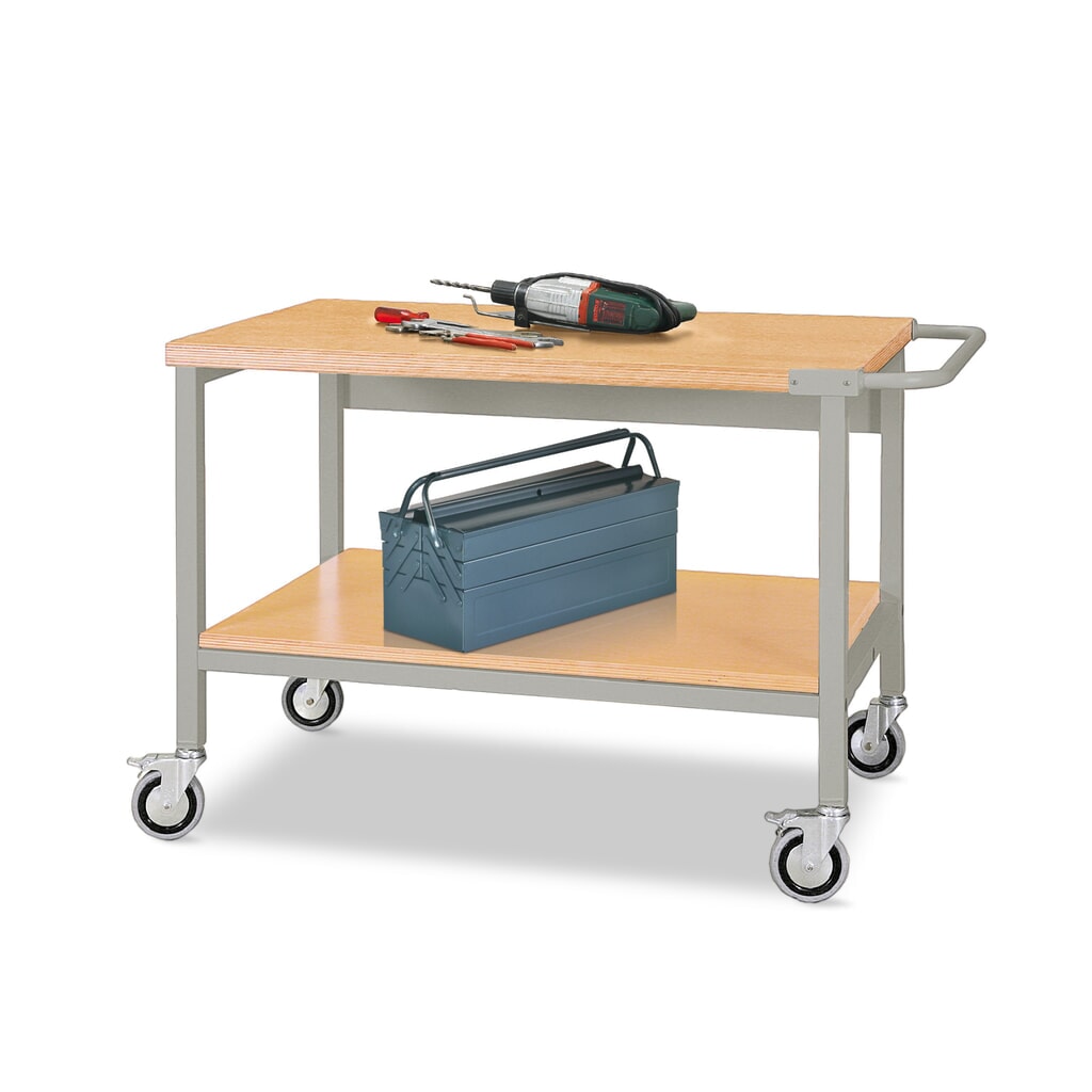 Immagine del prodotto: Bedrunka+Hirth Banco da lavoro mobile con rotelle, 2 ripiani in legno da 1.200 x 750 mm, portata 400 kg