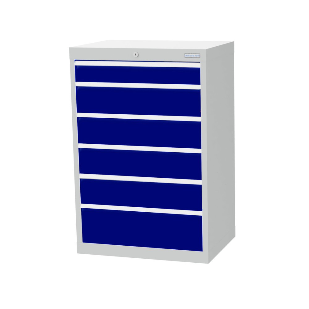 Immagine del prodotto: Bedrunka+Hirth Cassettiera professionale, cassetti 1x100 + 4x150 + 1x200 mm, AxLxP 1.019 x 680 x 500 mm, grigio chiaro, Blu genziana