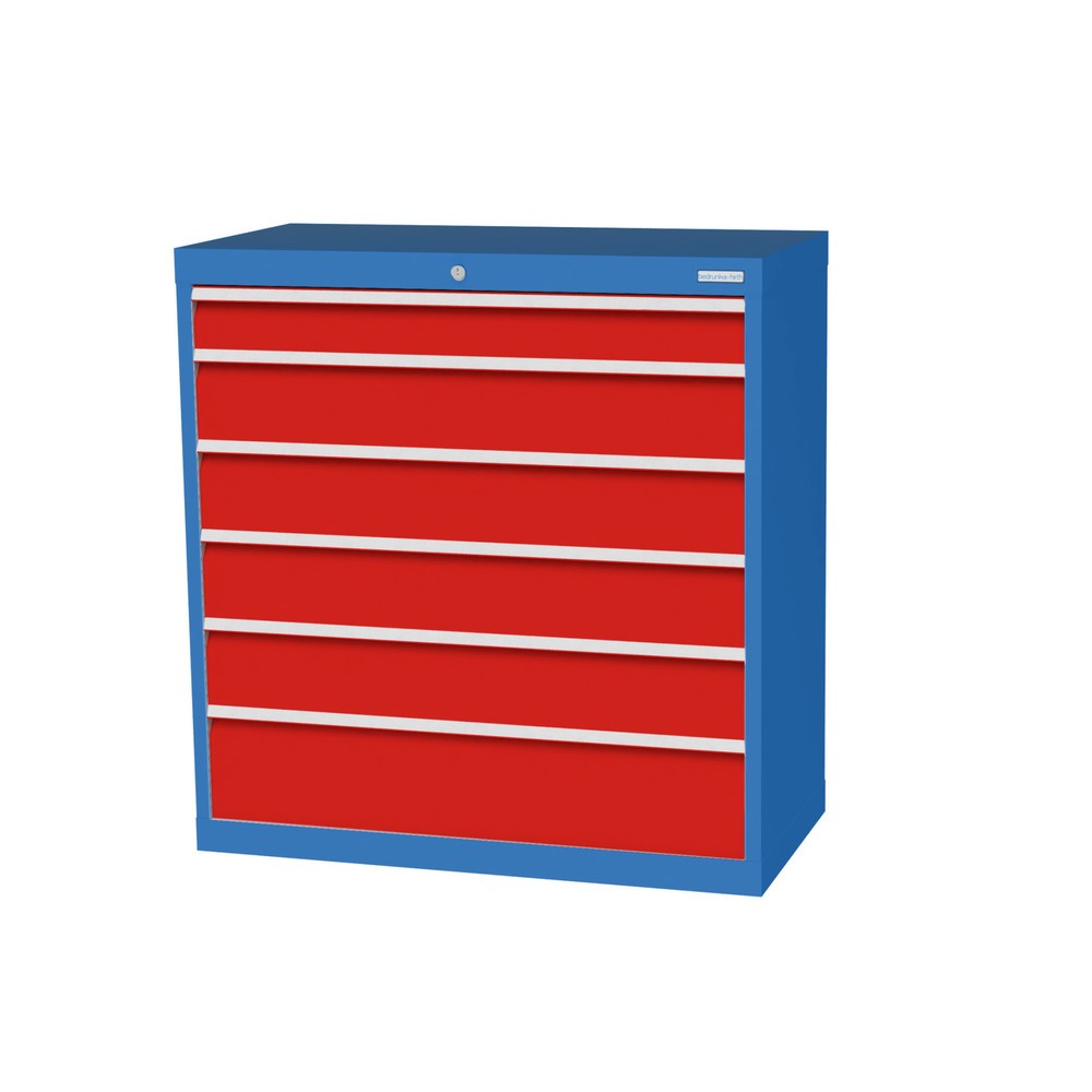 Immagine del prodotto: Bedrunka+Hirth Cassettiera professionale, cassetti 1x100 + 4x150 + 1x200 mm, AxLxP 1.019 x 980 x 500 mm, Blu luce, Rosso traffico
