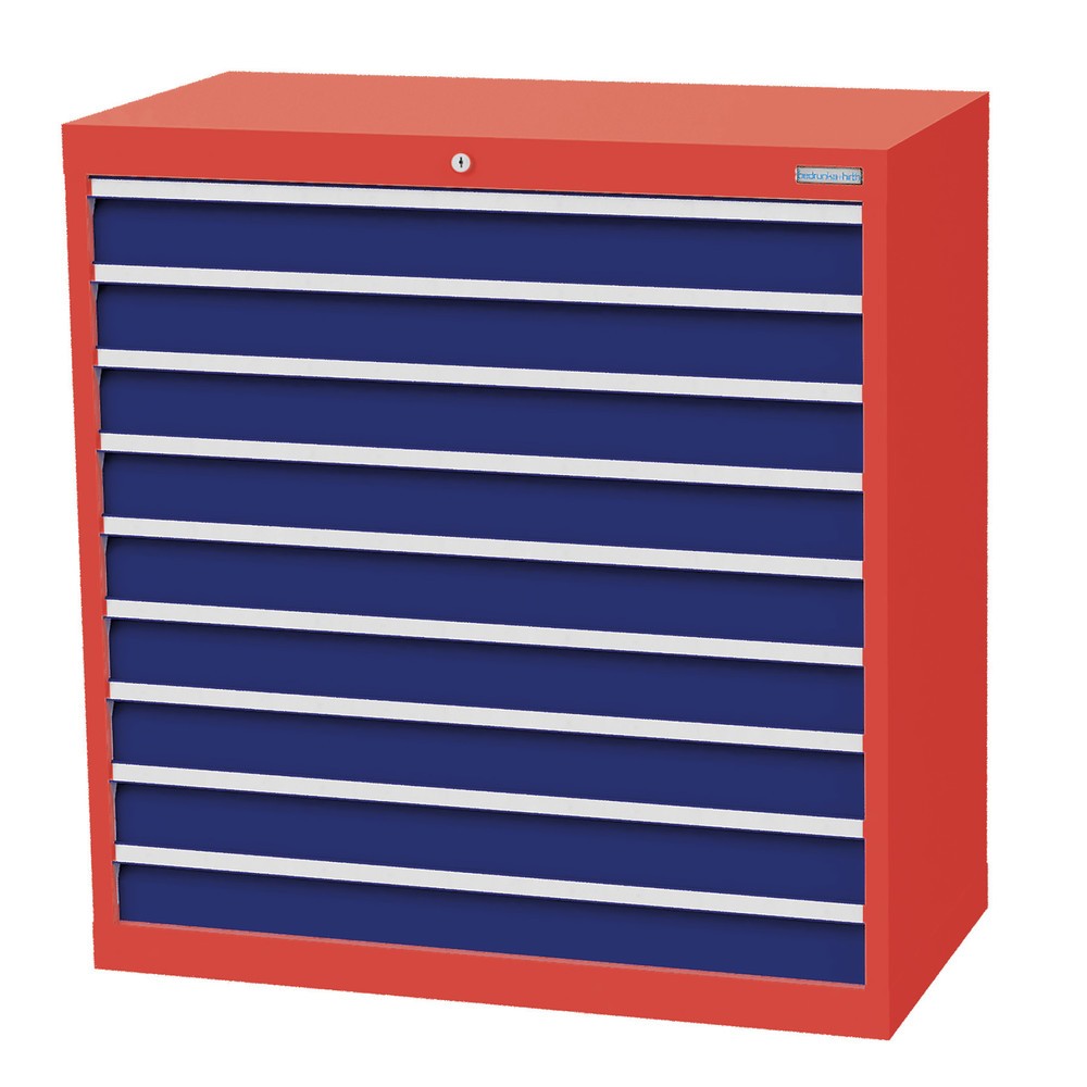 Immagine del prodotto n. 1: Bedrunka+Hirth Cassettiera professionale, cassetti 9x100 mm, AxLxP 1.019 x 980 x 500 mm, Rosso traffico, Blu genziana