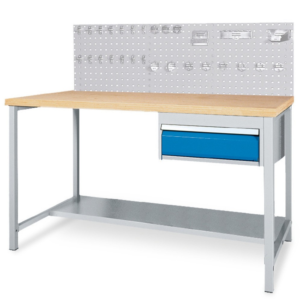Immagine del prodotto: Bedrunka+Hirth Set completo banco da lavoro con cassetto + parete posteriore in piastra forata + assortimento di ganci, AxLxP 1.310 x 1.500 x 750 mm