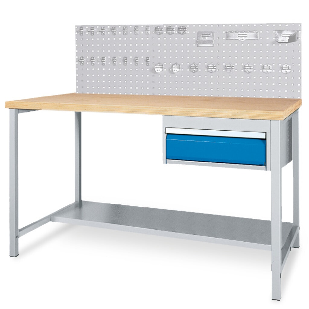 Immagine del prodotto: Bedrunka+Hirth Set completo banco da lavoro con cassetto + parete posteriore in piastra forata + assortimento di ganci, AxLxP 1.310 x 1.500 x 750 mm