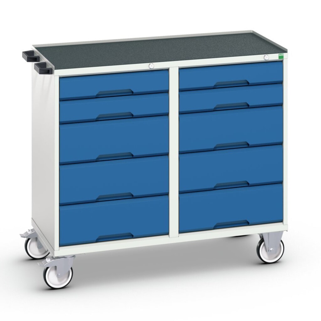bott verso Carrello di montaggio, con 10 cassetti e bordo rialzato, LxPxA: 1050 x 550 x 965 mm Immagine del prodotto: bott verso Carrello di montaggio, con 10 cassetti e bordo rialzato, LxPxA: 1050 x 550 x 965 mm