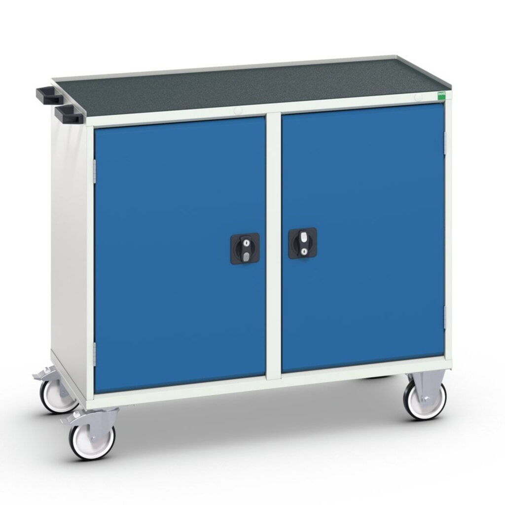 bott verso Carrello di montaggio, con 2 ante, ripiani e bordo rialzato, LxPxA: 1050 x 550 x 965 mm Immagine del prodotto: bott verso Carrello di montaggio, con 2 ante, ripiani e bordo rialzato, LxPxA: 1050 x 550 x 965 mm
