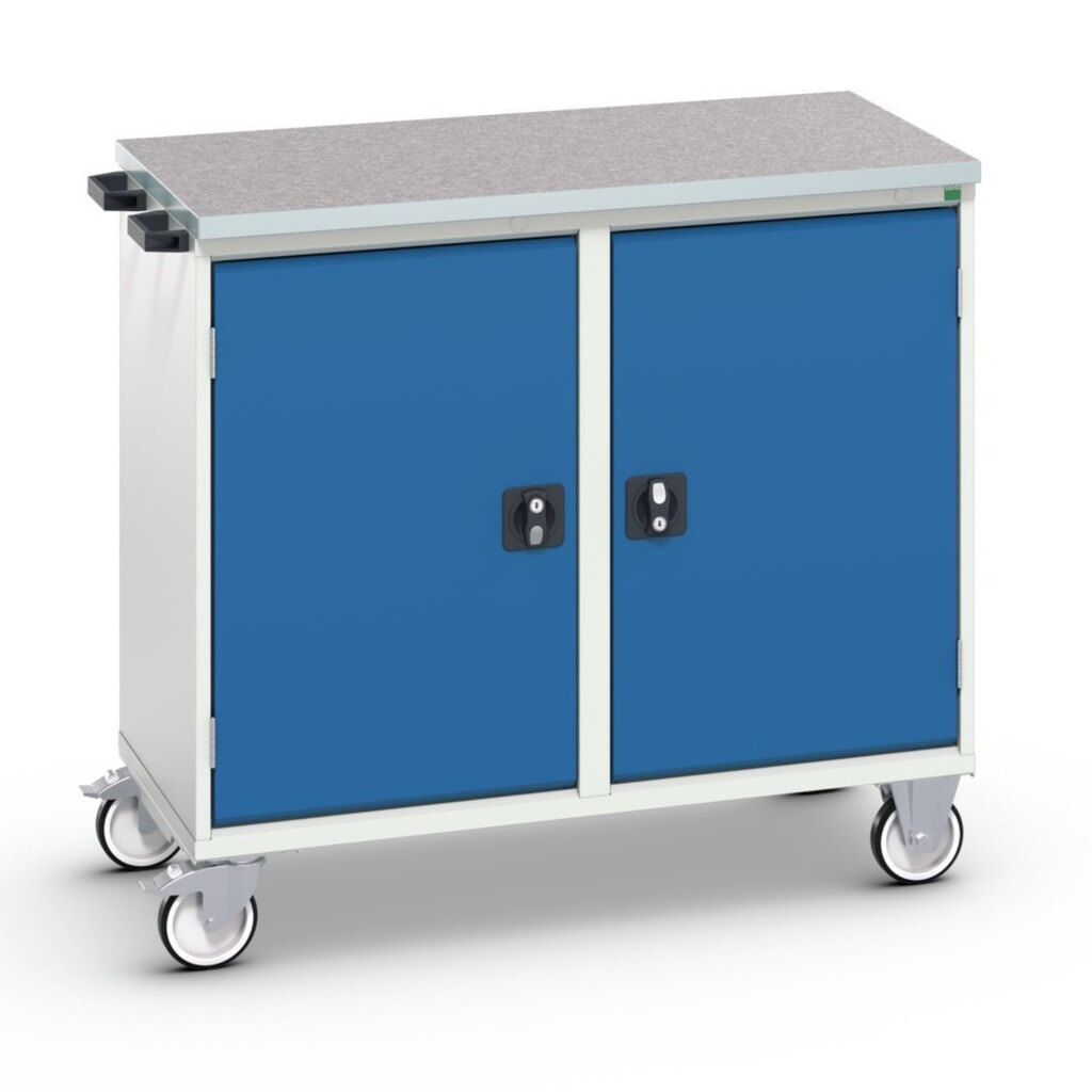bott verso Carrello di montaggio, con 2 ante, ripiani e piano in linoleum, LxPxA: 1050 x 600 x 980 mm Immagine del prodotto: bott verso Carrello di montaggio, con 2 ante, ripiani e piano in linoleum, LxPxA: 1050 x 600 x 980 mm