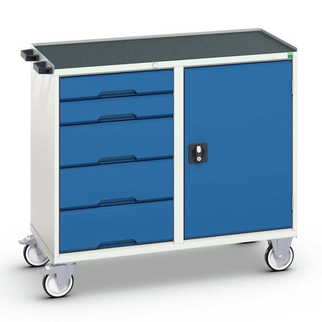 bott verso Carrello di montaggio, con 5 cassetti, anta e bordo rialzato, LxPxA: 1050 x 550 x 965 mm Immagine del prodotto: bott verso Carrello di montaggio, con 5 cassetti, anta e bordo rialzato, LxPxA: 1050 x 550 x 965 mm