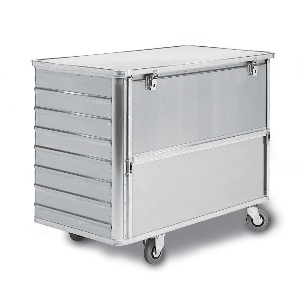 Immagine del prodotto n. 1: Carrello contenitore in alluminio con parete semi-abbattibile, 650 litri, con coperchio + lucchetto