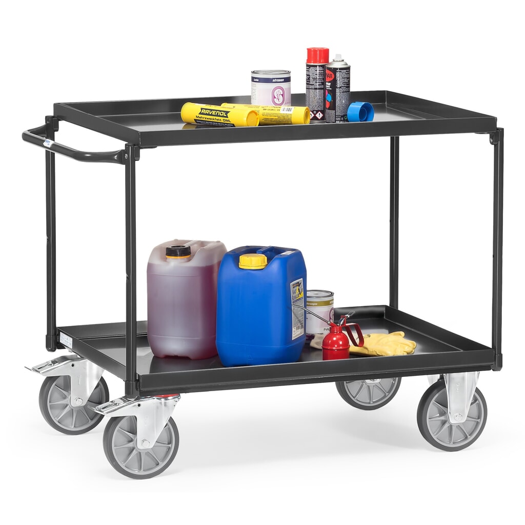 carrello da tavolo fetra® con vasche a tenuta d'olio, 2 ripiani da 1.000 x 700 mm, dispositivo di aggancio orizzontali, grigio antracite Immagine del prodotto n. 2: carrello da tavolo fetra® con vasche a tenuta d'olio, 2 ripiani da 1.000 x 700 mm, dispositivo di aggancio orizzontali, grigio antracite