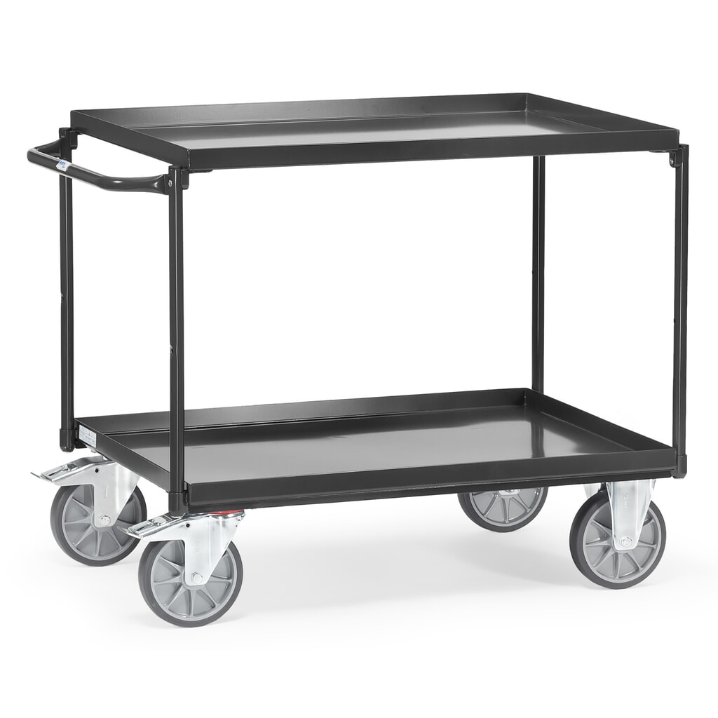 Immagine del prodotto: carrello da tavolo fetra® con vasche a tenuta d'olio, 2 ripiani da 1.000 x 700 mm, dispositivo di aggancio orizzontali, grigio antracite
