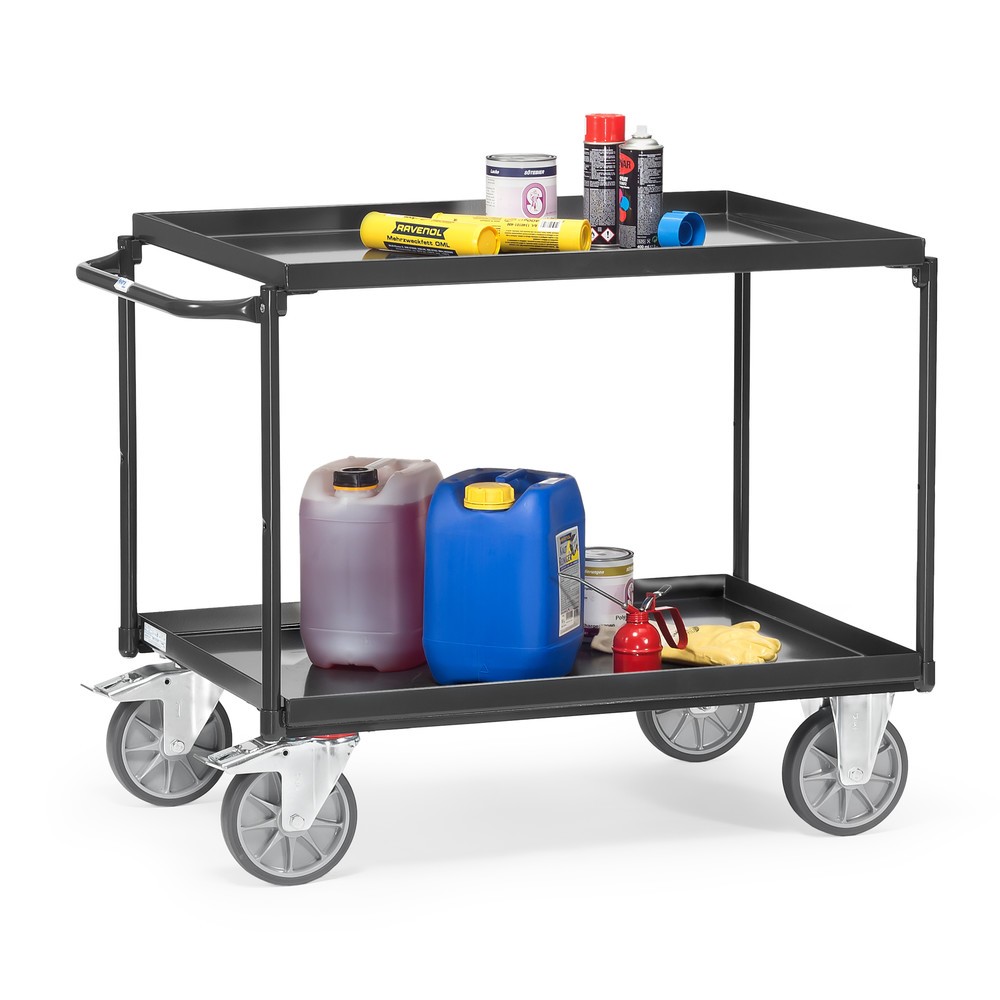 Immagine del prodotto n. 3: carrello da tavolo fetra® con vasche a tenuta d'olio, 2 ripiani da 1.000 x 700 mm, dispositivo di aggancio orizzontali, grigio antracite
