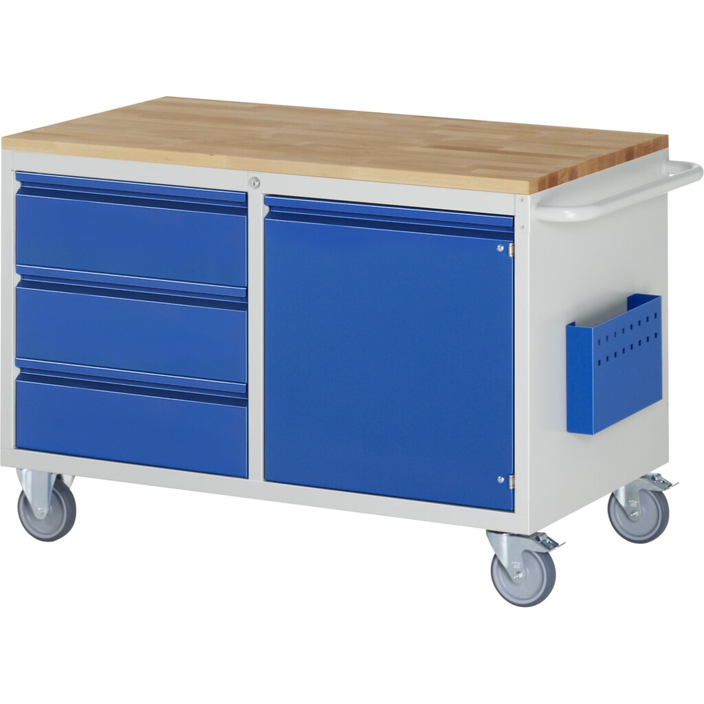 Immagine del prodotto: Carrello di montaggio RAU Serie 7000, AxLxP 795 x 1.145 x 650 mm, 1 ante a battente, 3 cassetti ad estrazione parziale, piano di lavoro in faggio