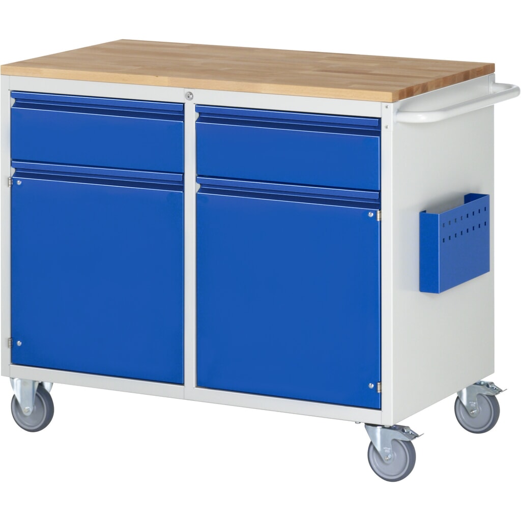 Immagine del prodotto: Carrello di montaggio RAU Serie 7000, AxLxP 975 x 1.145 x 650 mm, 2 ante a battente, 2 cassetti 2 x 180 mm, piano di lavoro in faggio