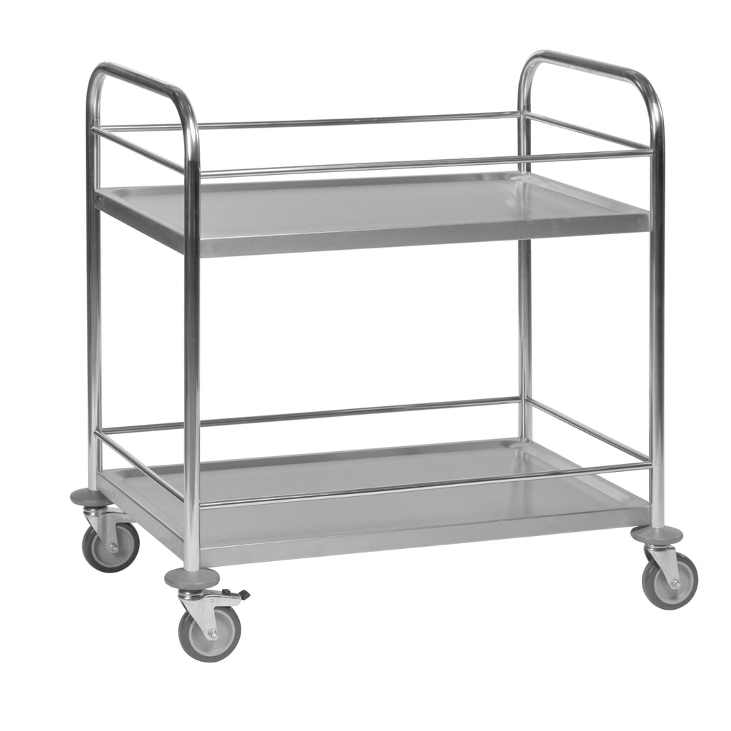 Carrello di servizio in acciaio inox, 2 ripiani, AxLxP 940 x 590 x 910 mm, barra di protezione Immagine del prodotto: Carrello di servizio in acciaio inox, 2 ripiani, AxLxP 940 x 590 x 910 mm, barra di protezione