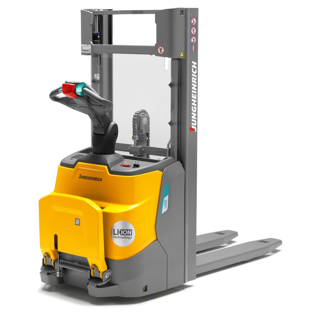 Stoccatore elettrico Jungheinrich ERC 110i DZ con piattaforma di stazionamento, montante telescopico triplo, altezza di sollevamento 4.300 mm, portata 1.000 kg, impianto idraulico proporzionale Immagine del prodotto n. 1: Stoccatore elettrico Jungheinrich ERC 110i DZ con piattaforma di stazionamento, montante telescopico triplo, altezza di sollevamento 4.300 mm, portata 1.000 kg, impianto idraulico proporzionale