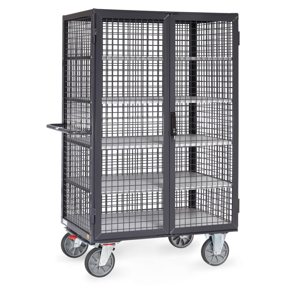 Immagine del prodotto: fetra® Carrello mobile ESD, capacità di carico 750 kg, pareti a traliccio, con doppio sportello basculante, 5 ripiani da 1.000 x 680 mm