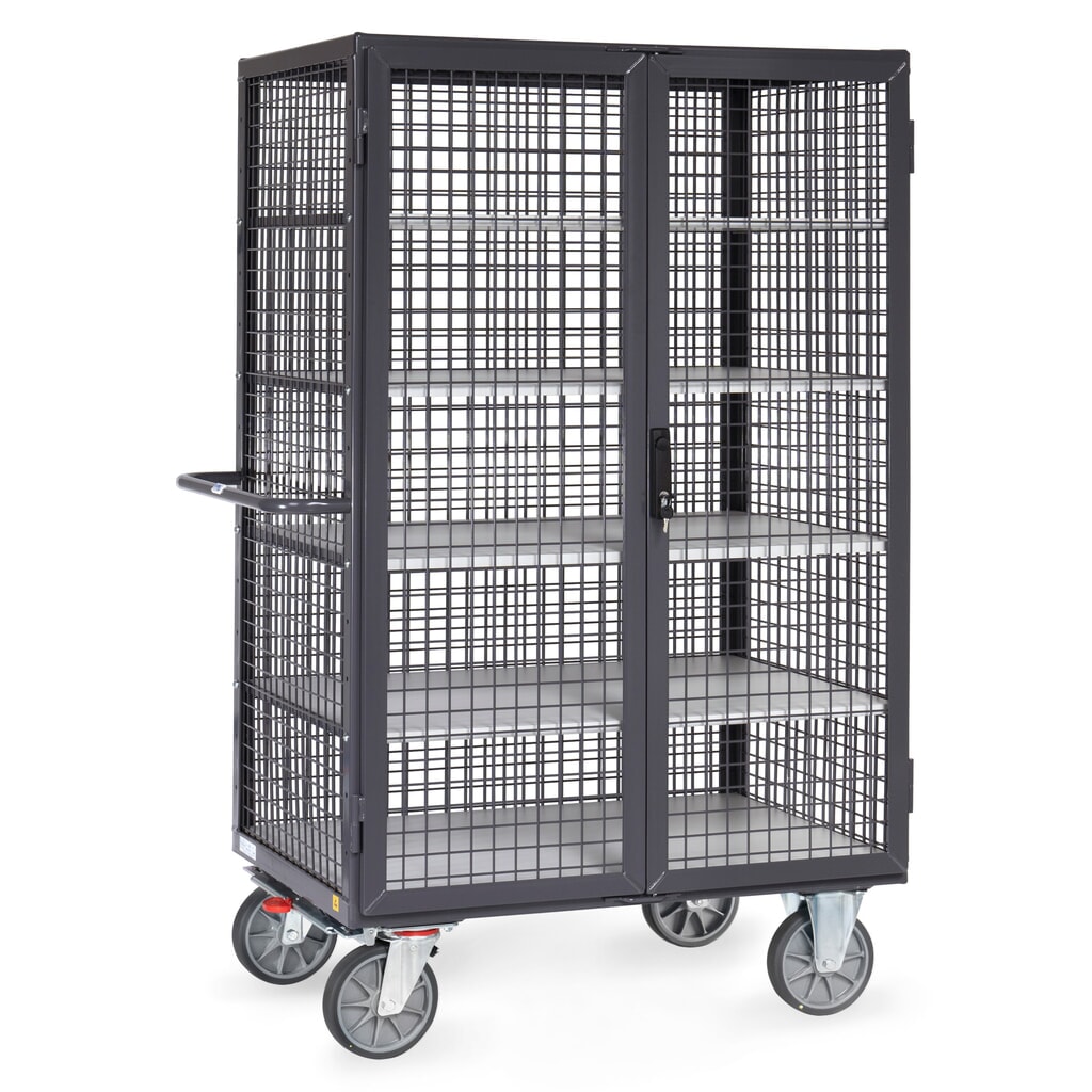 fetra® Carrello mobile ESD, capacità di carico 750 kg, pareti a traliccio, con doppio sportello basculante, 5 ripiani da 1.000 x 680 mm Immagine del prodotto n. 1: fetra® Carrello mobile ESD, capacità di carico 750 kg, pareti a traliccio, con doppio sportello basculante, 5 ripiani da 1.000 x 680 mm