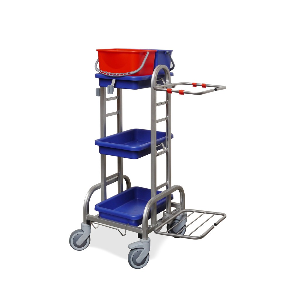 Immagine del prodotto: Carrello per pulizie in acciaio inox III, 2x 10 litri, telaio di supporto per sacchetto dei rifiuti da 120 litri, 3 vaschette di raccolta