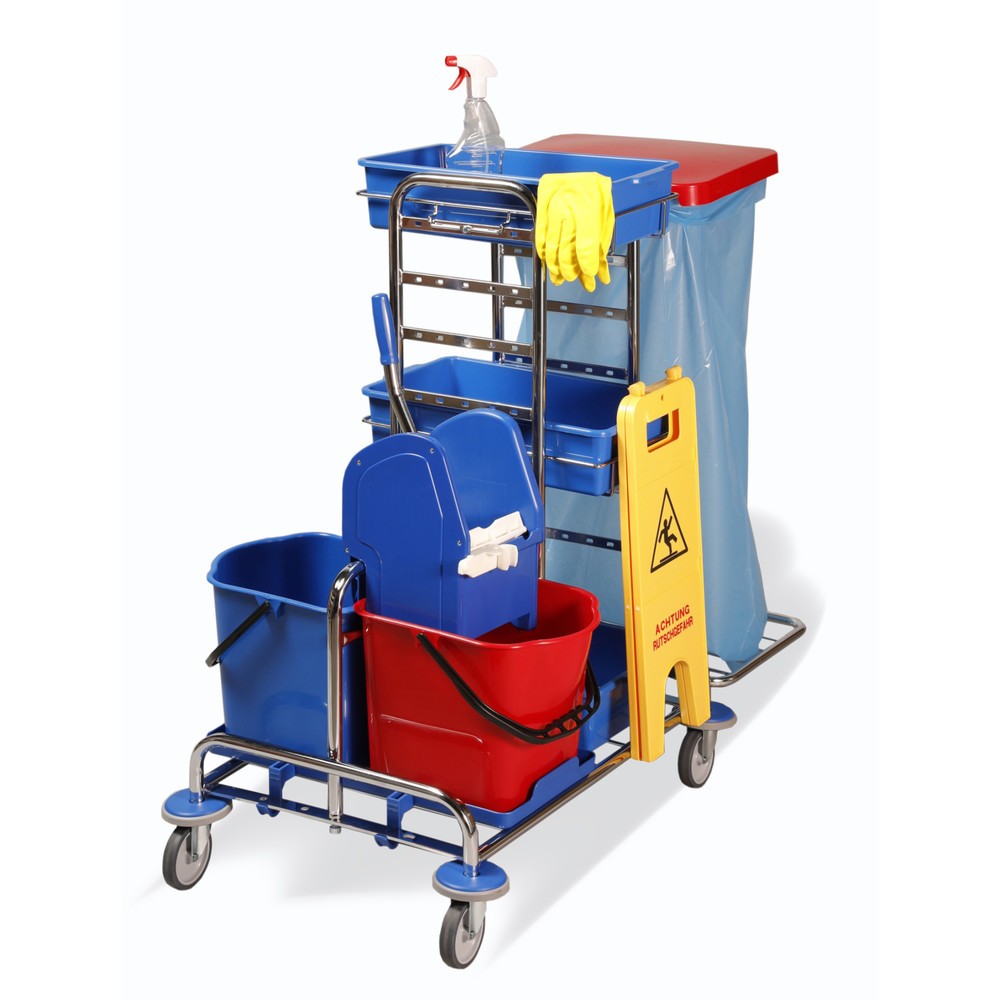Immagine del prodotto: Carrello per pulizie Universal I, cromato, 2x 15 litri, strizzatore scopa lavapavimenti