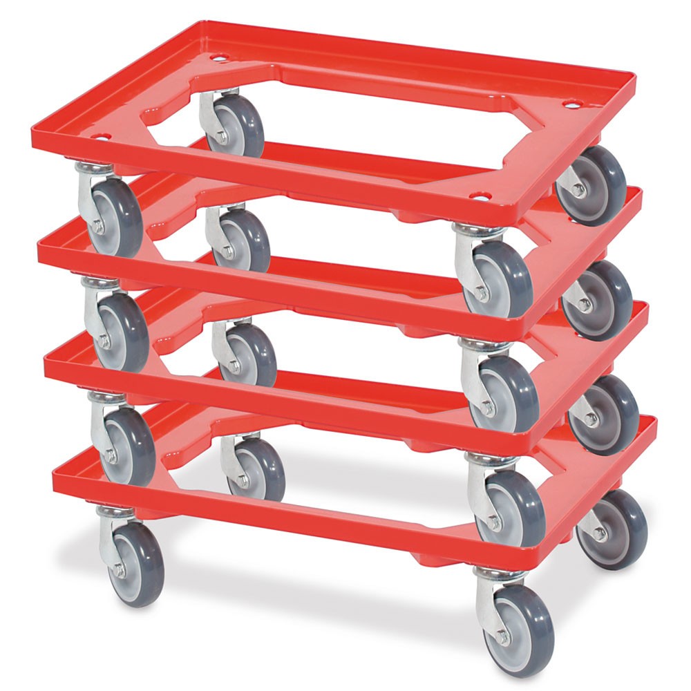 Immagine del prodotto n. 2: Carrello per trasporto per contenitori impilabili Euro 600x400 mm rosso, 4 rulli orientabili, ruote in gomma grigie