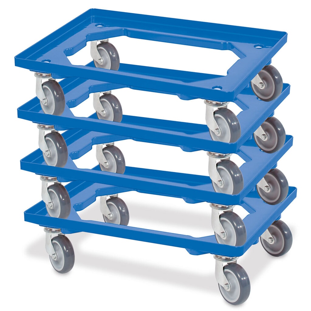 Carrello per trasporto per contenitori impilabili Euro 600x400 mm blu, 4 rulli orientabili, ruote in gomma grigie Immagine del prodotto n. 2: Carrello per trasporto per contenitori impilabili Euro 600x400 mm blu, 4 rulli orientabili, ruote in gomma grigie