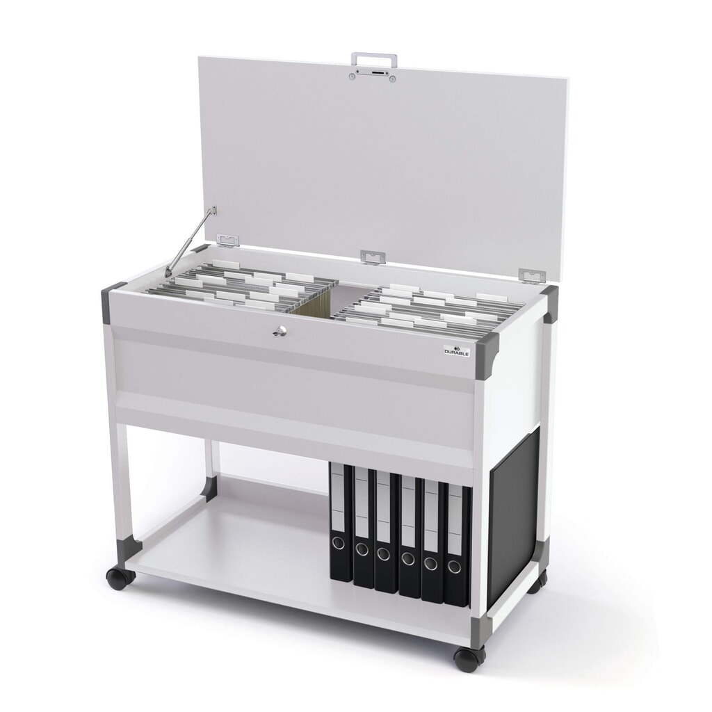 Carrello porta cartelle per 100 cartelle + piano di appoggio raccoglitori, grigio, richiudibile Immagine del prodotto: Carrello porta cartelle per 100 cartelle + piano di appoggio raccoglitori, grigio, richiudibile