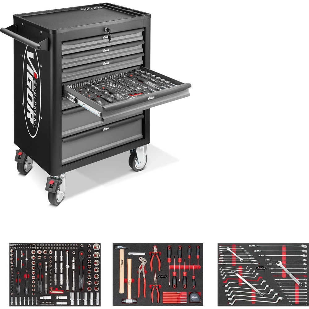 Immagine del prodotto: carrello utensili VIGOR® 1000, 7 cassetti incluso con assortimento di 248 pezzi