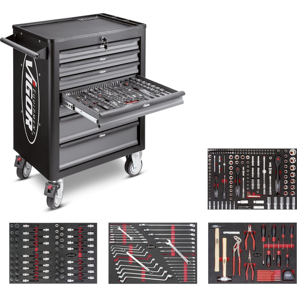 Immagine del prodotto: carrello utensili VIGOR® 1000, 7 cassetti, incluso assortimento di utensili da 318 pezzi