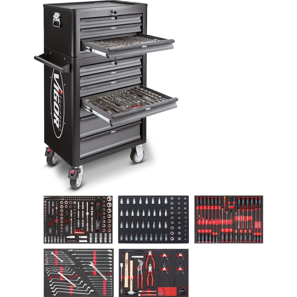 carrello utensili VIGOR® 1000, 7+ 3 cassetti+bauletto incluso con assortimento di 344 pezzi Immagine del prodotto: carrello utensili VIGOR® 1000, 7+ 3 cassetti+bauletto incluso con assortimento di 344 pezzi