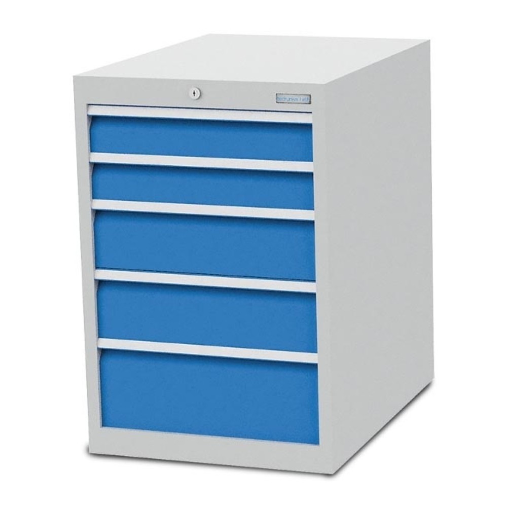Immagine del prodotto n. 1: Cassettiera Bedrunka+Hirth R 18-24, AxLxP 819 x 555 x 736 mm, grigio chiaro, azzurro, 5 cassetti 2x100 + 2x150 + 1x200 mm