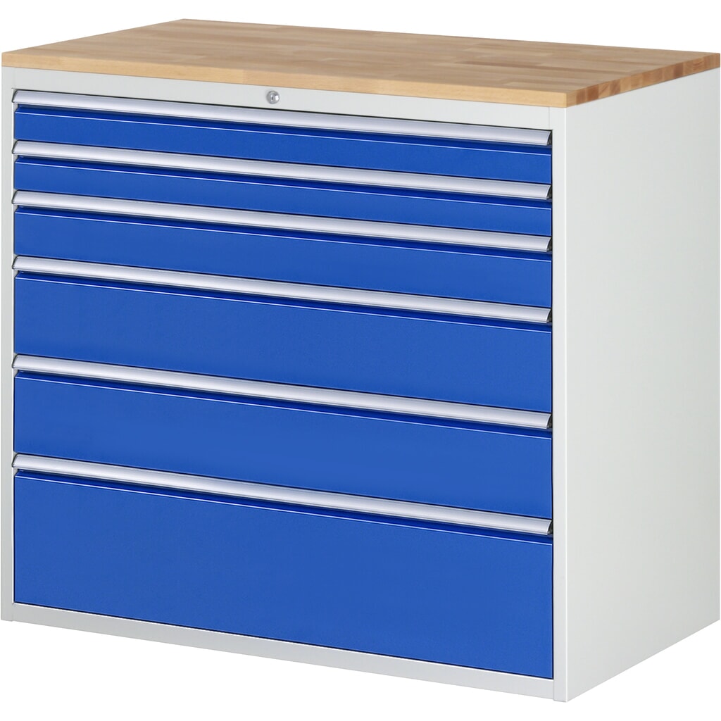 Immagine del prodotto: Cassettiera RAU Serie 7000, LxP 1.035 x 1.145 x 650 mm, 6 cassetti 2 x 90, 1 x 120, 2 x 180, 1 x 270 mm, piano di lavoro in faggio