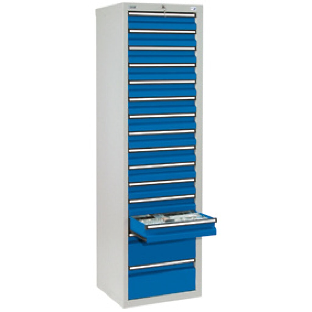Cassettiera stumpf®, cassetti 13x100 + 2x200 mm, AxLxP 1.800 x 500 x 500 mm, grigio chiaro/blu genziana Immagine del prodotto: Cassettiera stumpf®, cassetti 13x100 + 2x200 mm, AxLxP 1.800 x 500 x 500 mm, grigio chiaro/blu genziana