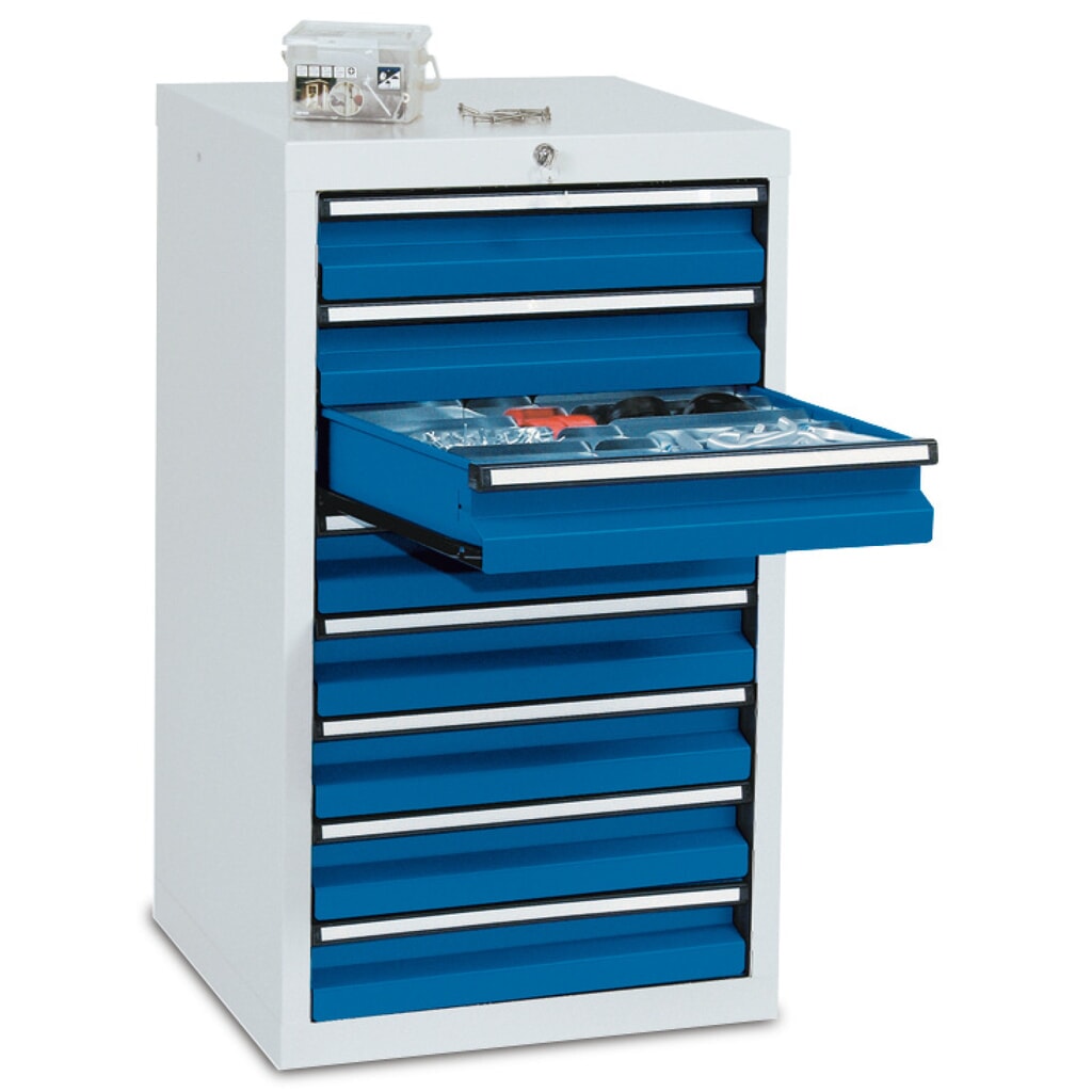 Cassettiera stumpf®, cassetti 8x100 mm, AxLxP 900 x 500 x 500 mm, grigio chiaro/ blu genziana Immagine del prodotto: Cassettiera stumpf®, cassetti 8x100 mm, AxLxP 900 x 500 x 500 mm, grigio chiaro/ blu genziana