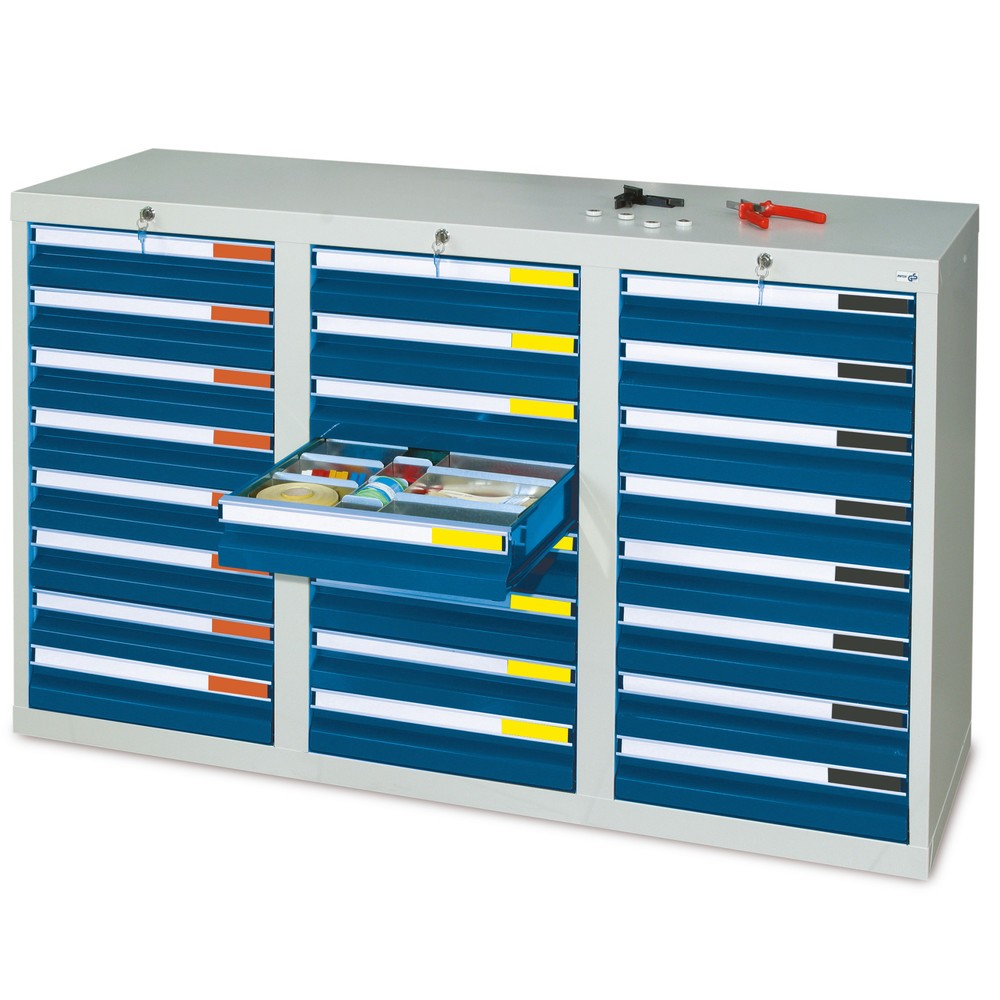 Immagine del prodotto: Cassettiera stumpf® Premium, cassetti 24x100 mm, AxLxP 900 x 1.500 x 500 mm, grigio chiaro/blu genziana