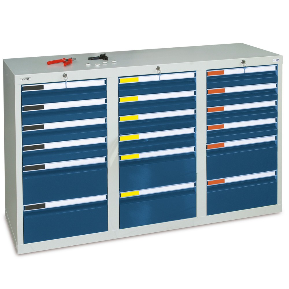 Immagine del prodotto: Cassettiera stumpf® Premium, cassetti 12x100 + 6x200 mm, AxLxP 900 x 1.500 x 500 mm, grigio chiaro