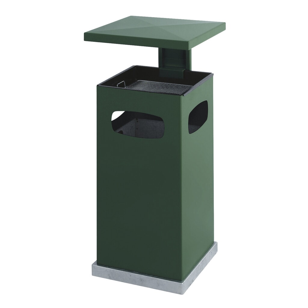 Combinazione posacenere-cestino dei rifiuti in acciaio, quadrato, tetto rimovibile, 70 litri, verde Immagine del prodotto: Combinazione posacenere-cestino dei rifiuti in acciaio, quadrato, tetto rimovibile, 70 litri, verde