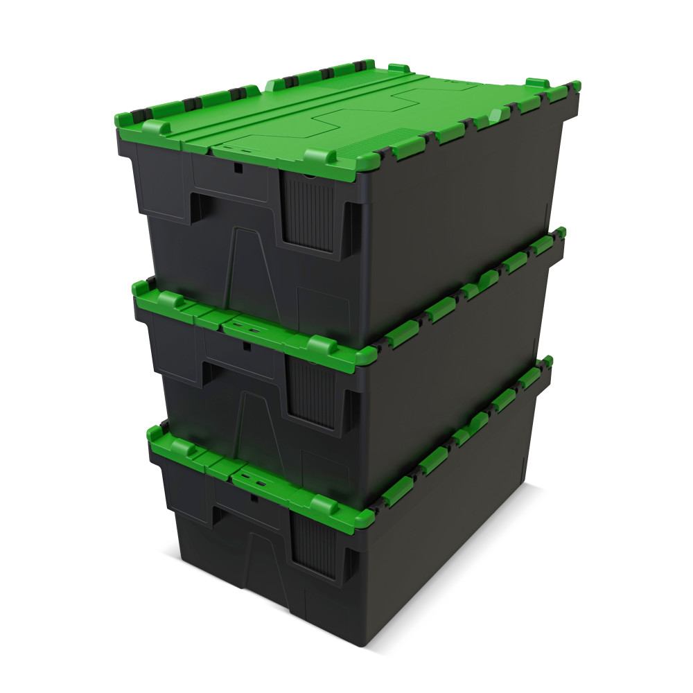 Immagine del prodotto n. 9: Contenitore impilabile multiplo in rigranulato di PP con coperchio ribaltabile, nero/verde, 40 litri, 1 pz/UV
