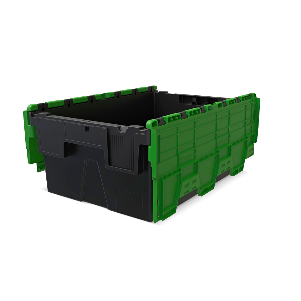 Immagine del prodotto n. 4: Contenitore impilabile multiplo in rigranulato di PP con coperchio ribaltabile, nero/verde, 40 litri, 1 pz/UV