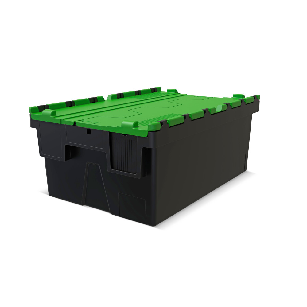 Immagine del prodotto: Contenitore impilabile multiplo in rigranulato di PP con coperchio ribaltabile, nero/verde, 40 litri, 1 pz/UV