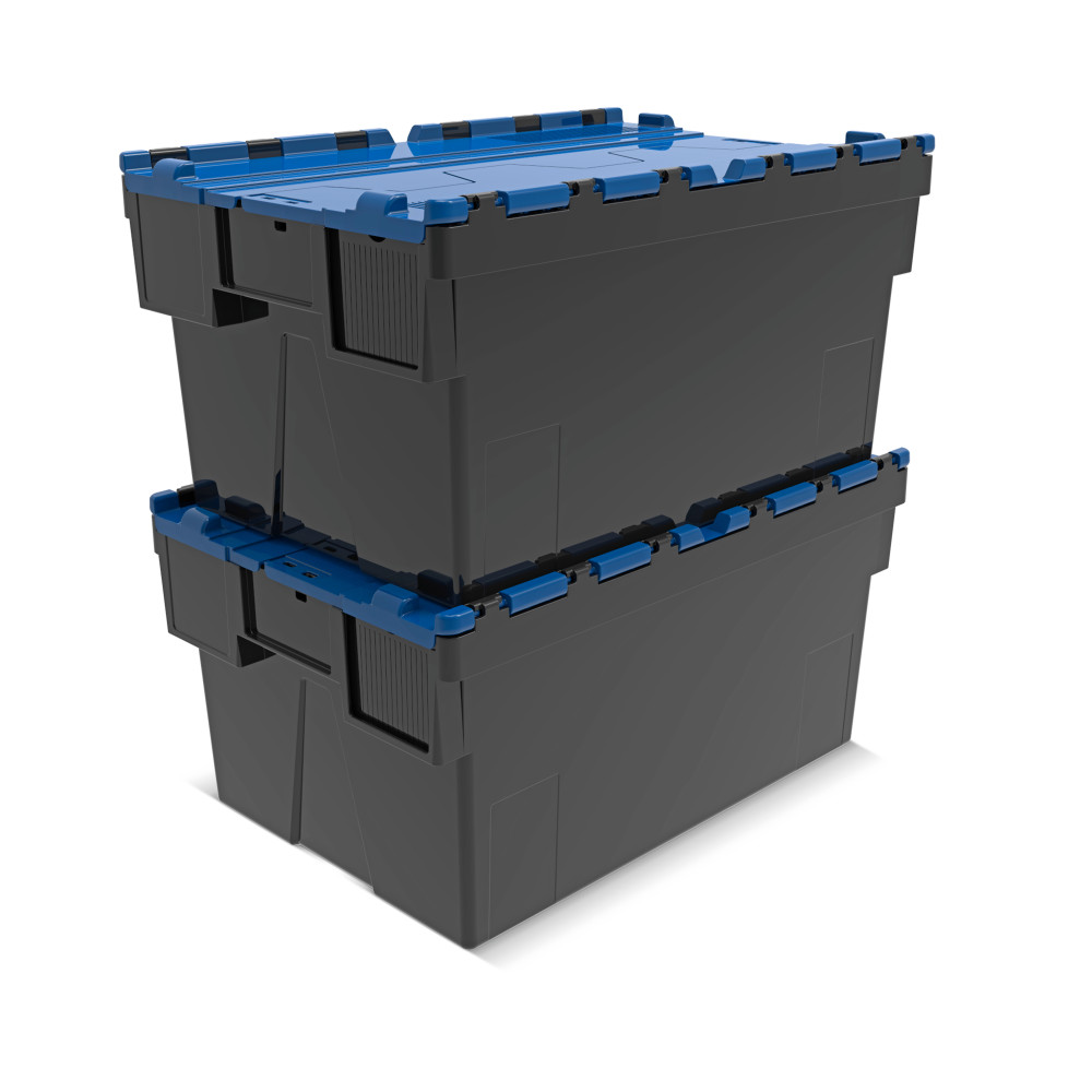 Immagine del prodotto n. 7: Contenitore impilabile multiplo in rigranulato di PP con coperchio ribaltabile, nero/blu, 56 litri, 1 pz/UV