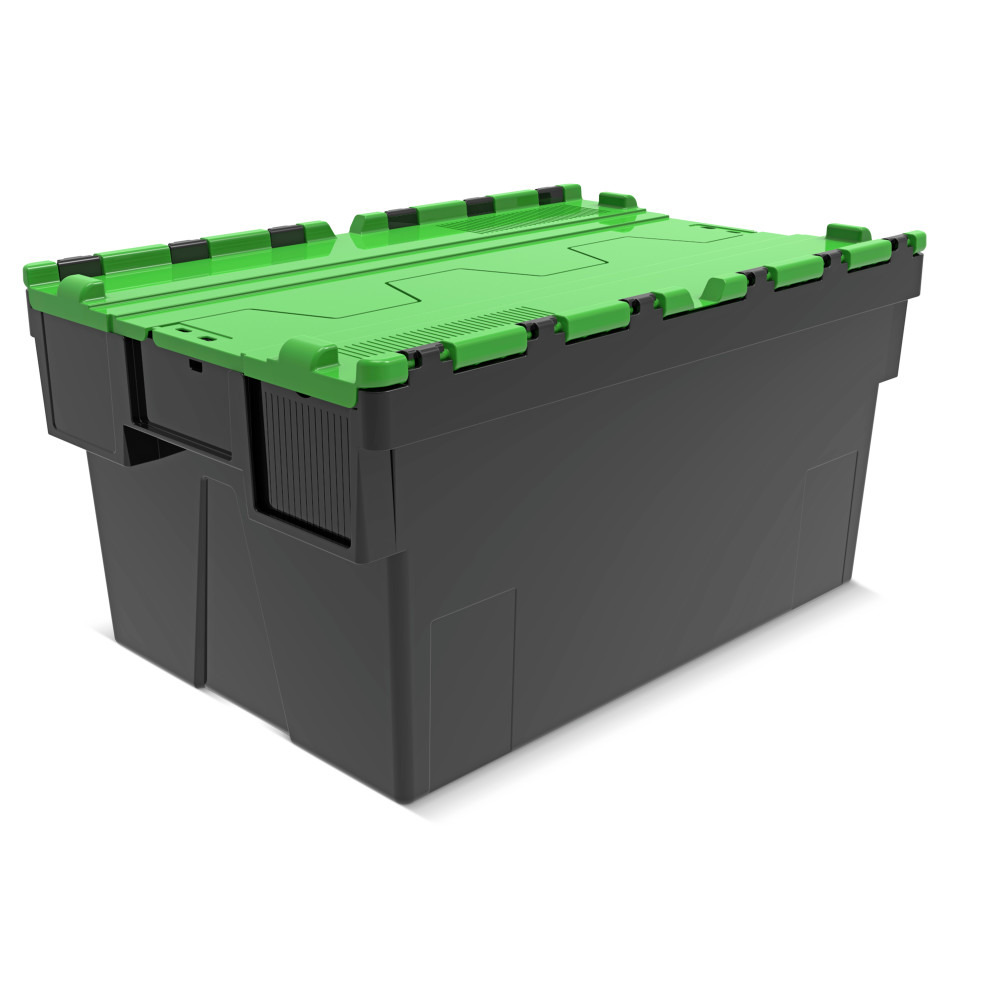 Immagine del prodotto n. 1: Contenitore impilabile multiplo in rigranulato di PP con coperchio ribaltabile, nero/verde, 56 litri, 1 pz/UV