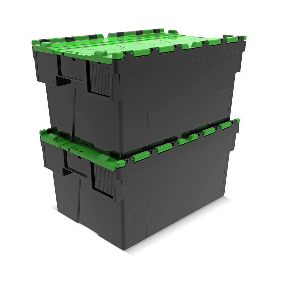 Immagine del prodotto n. 7: Contenitore impilabile multiplo in rigranulato di PP con coperchio ribaltabile, nero/verde, 56 litri, 1 pz/UV