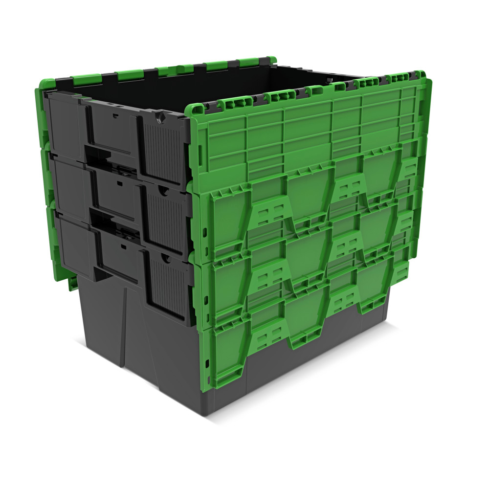 Immagine del prodotto n. 8: Contenitore impilabile multiplo in rigranulato di PP con coperchio ribaltabile, nero/verde, 56 litri, 1 pz/UV