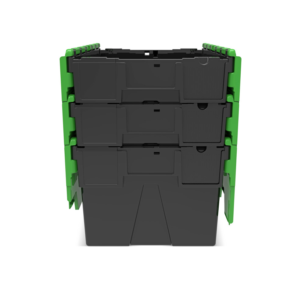 Immagine del prodotto n. 9: Contenitore impilabile multiplo in rigranulato di PP con coperchio ribaltabile, nero/verde, 56 litri, 1 pz/UV