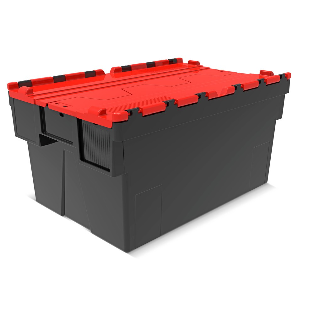 Immagine del prodotto: Contenitore impilabile multiplo in rigranulato di PP con coperchio ribaltabile, nero/rosso, 56 litri, 1 pz/UV