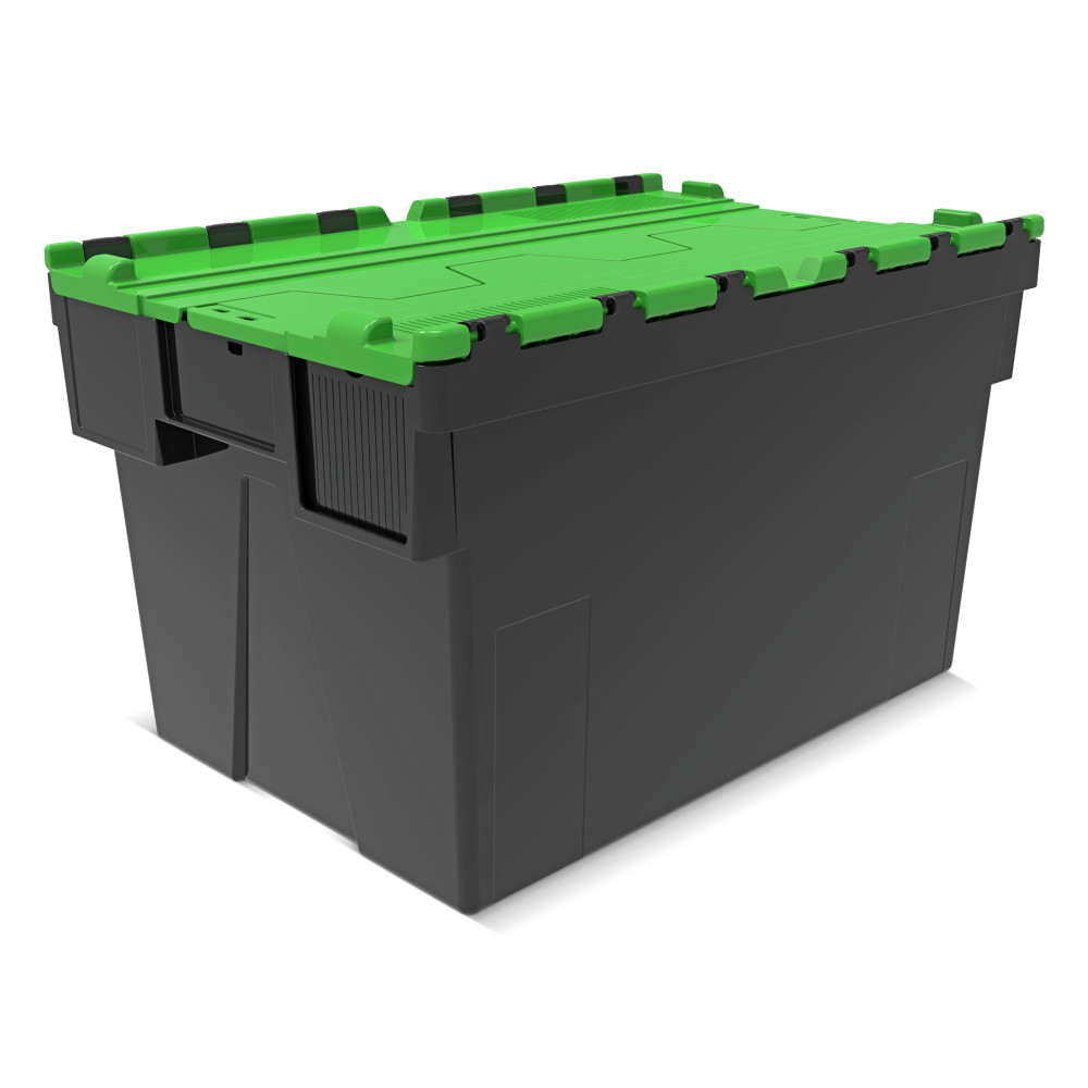 Immagine del prodotto: Contenitore impilabile multiplo in rigranulato di PP con coperchio ribaltabile, nero/verde, 65 litri, 1 pz/UV