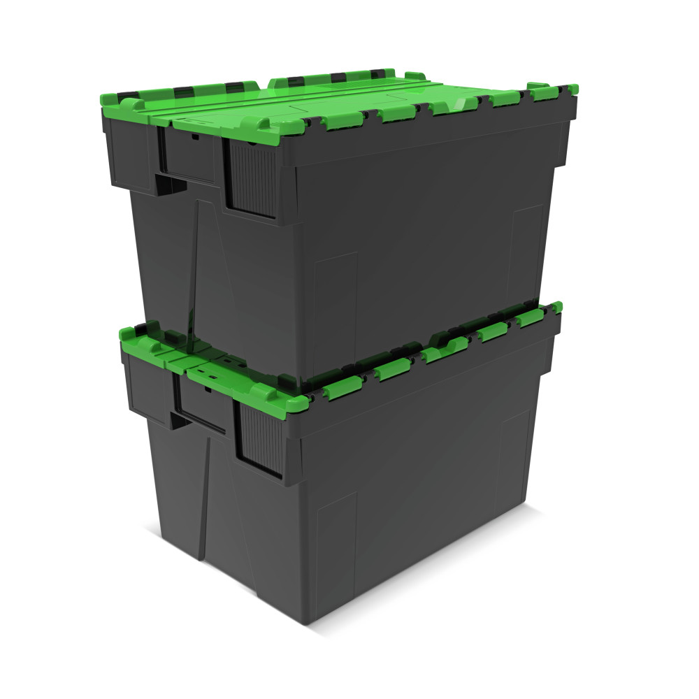 Immagine del prodotto n. 7: Contenitore impilabile multiplo in rigranulato di PP con coperchio ribaltabile, nero/verde, 65 litri, 1 pz/UV