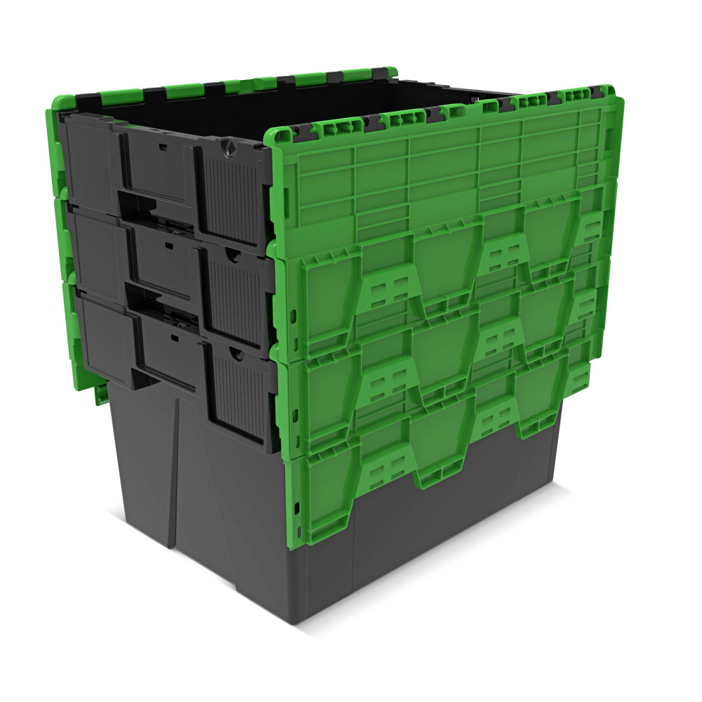 Immagine del prodotto n. 8: Contenitore impilabile multiplo in rigranulato di PP con coperchio ribaltabile, nero/verde, 65 litri, 1 pz/UV